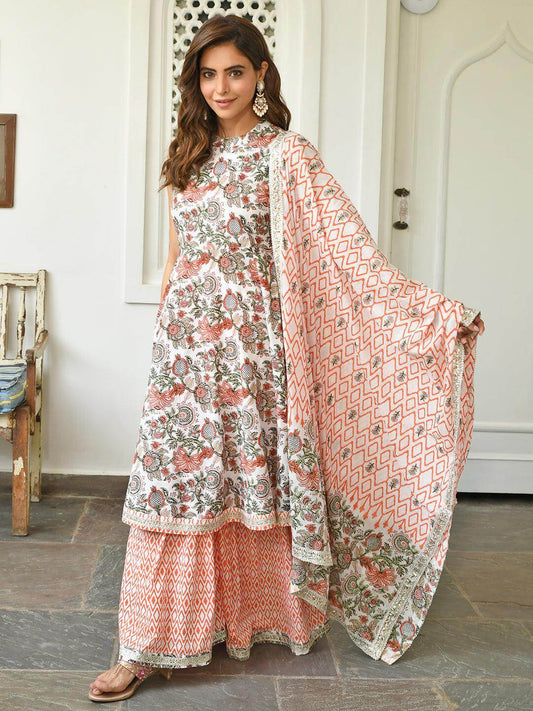 White and Orange Cotton Floral Hand Block Printed Sharara Kurta Dupatta Set with Lace Detailing for Women