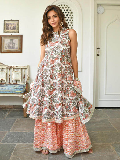 White and Orange Cotton Floral Hand Block Printed Sharara Kurta Dupatta Set with Lace Detailing for Women