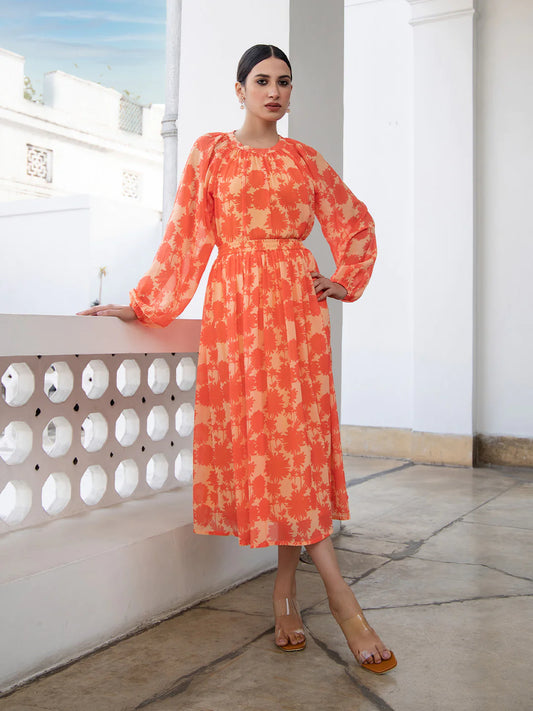 Orange Printed Georgette Co-ord Set with Flared Skirt and Long Sleeve Top for Women