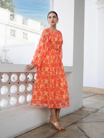 Orange Printed Georgette Co-ord Set with Flared Skirt and Long Sleeve Top for Women