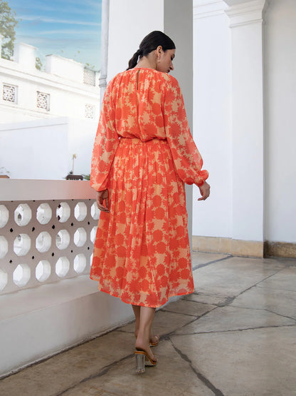 Orange Printed Georgette Co-ord Set with Flared Skirt and Long Sleeve Top for Women