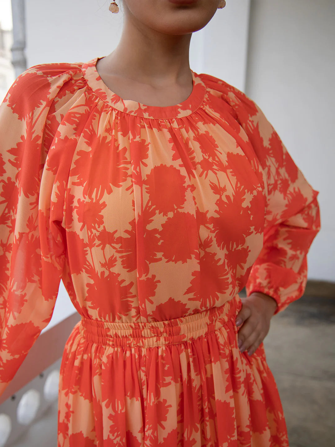 Orange Printed Georgette Co-ord Set with Flared Skirt and Long Sleeve Top for Women