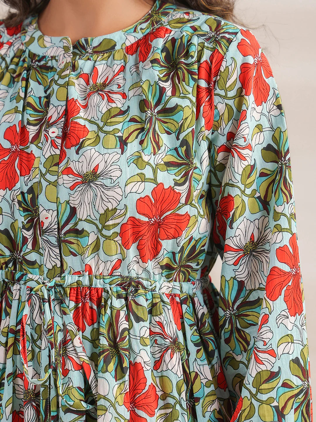 Blue Cotton Floral Gathered Dress for Women – Sizes L to 3XL