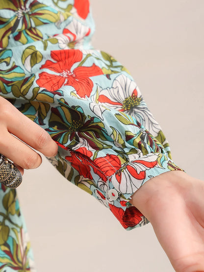 Blue Cotton Floral Gathered Dress for Women – Sizes L to 3XL