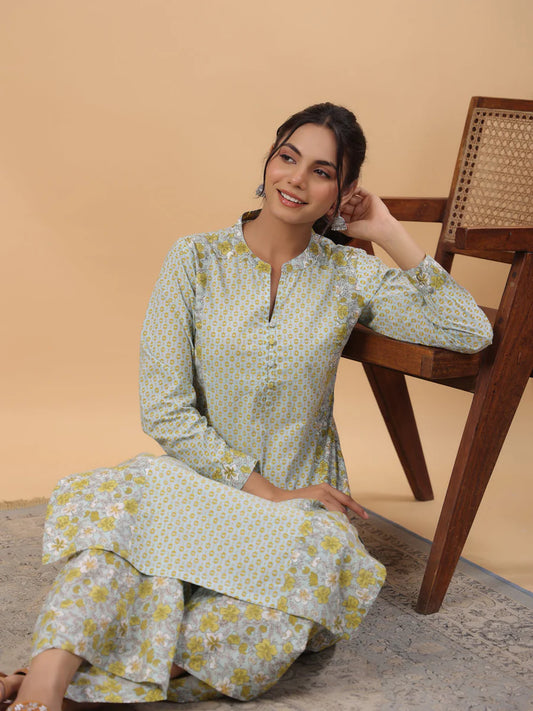 Light Blue Cambric Cotton Kurta Pant Set for Women with Floral Print and Mandarin Collar