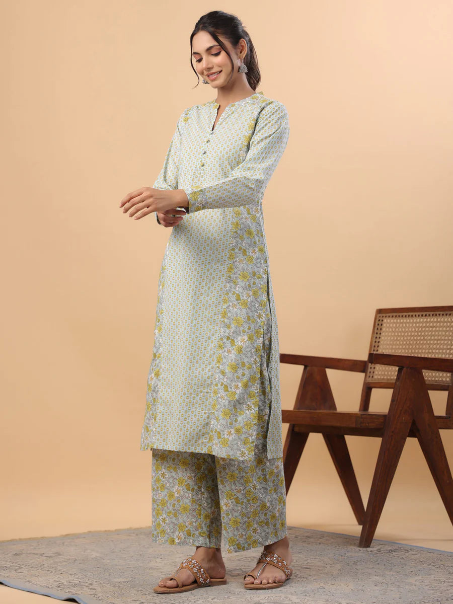 Light Blue Cambric Cotton Kurta Pant Set for Women with Floral Print and Mandarin Collar