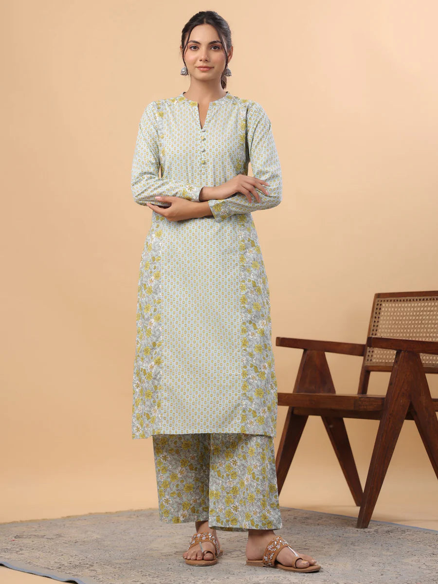 Light Blue Cambric Cotton Kurta Pant Set for Women with Floral Print and Mandarin Collar