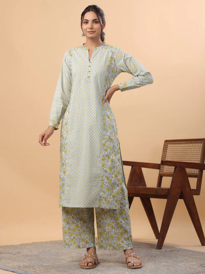 Light Blue Cambric Cotton Kurta Pant Set for Women with Floral Print and Mandarin Collar
