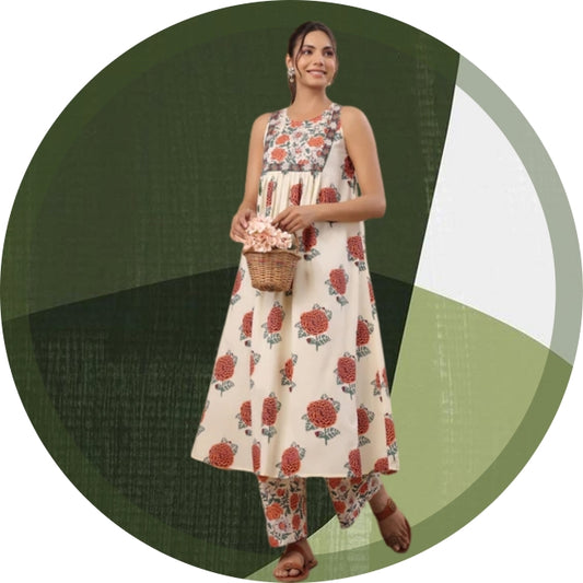 Cream Cotton Floral Printed Gathered Kurta Set with Sleeveless Yoke for Women