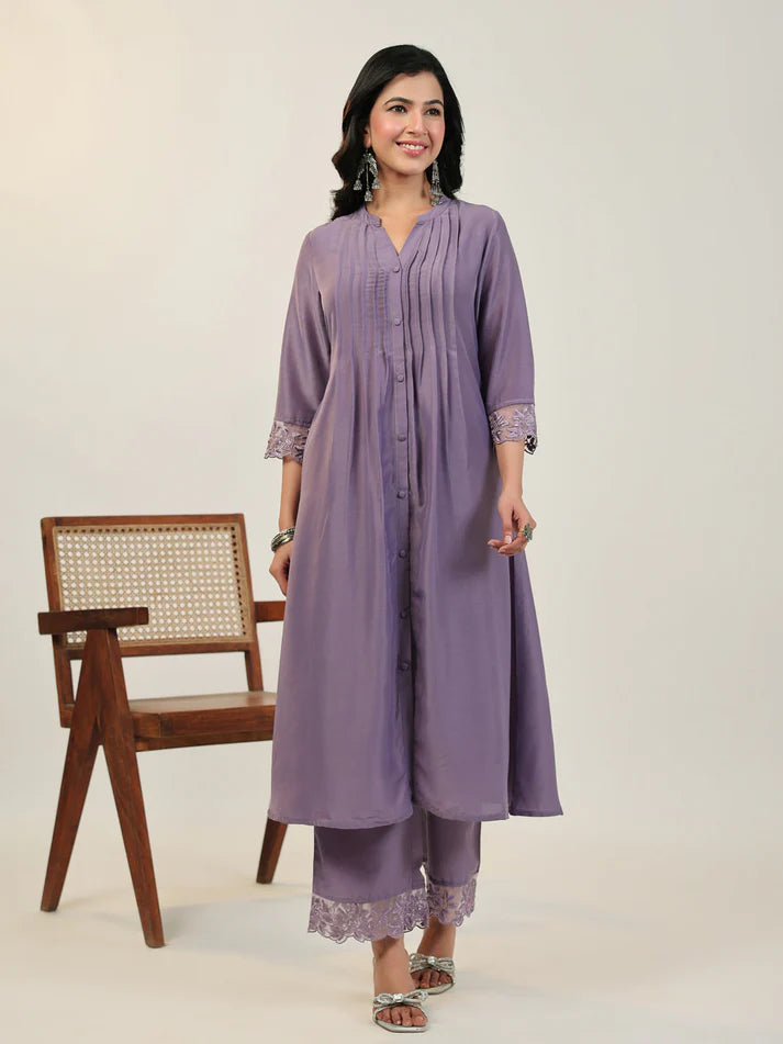 Lavender Muslin A-Line Kurta Pant Set for Women with Pleated Front and Embroidered Sleeve Detail
