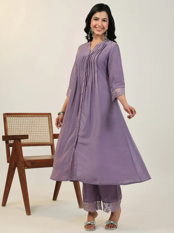 Lavender Muslin A-Line Kurta Pant Set for Women with Pleated Front and Embroidered Sleeve Detail