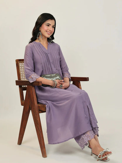 Lavender Muslin A-Line Kurta Pant Set for Women with Pleated Front and Embroidered Sleeve Detail