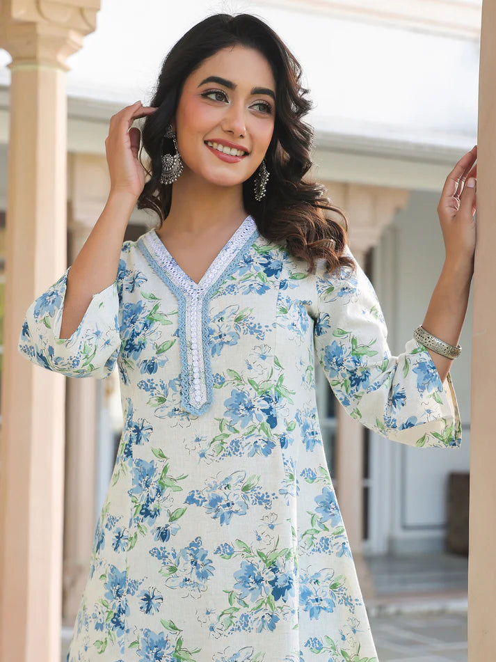 Off-White Cotton A-line Co-ord Set for Women with Yoke Embroidery and Floral Print