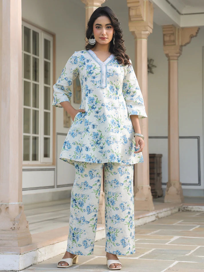 Off-White Cotton A-line Co-ord Set for Women with Yoke Embroidery and Floral Print