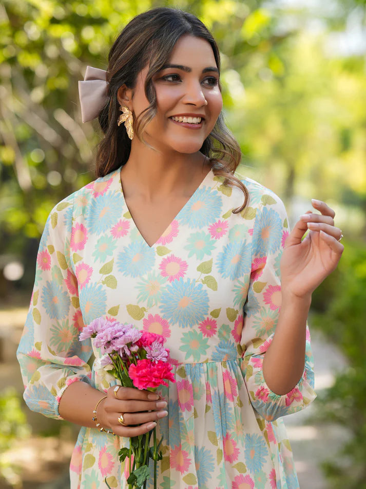 Cream Georgette Floral Printed Tiered Dress with 3/4 Sleeves – Women’s Casual Wear