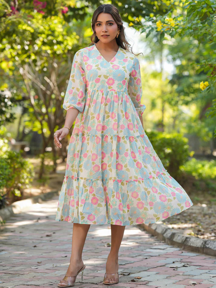 Cream Georgette Floral Printed Tiered Dress with 3/4 Sleeves – Women’s Casual Wear