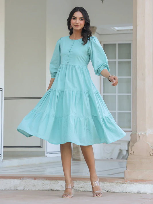 Blue Pure Cotton Solid Tiered Midi Dress with 3/4 Puff Sleeves – Women’s Casual Wear