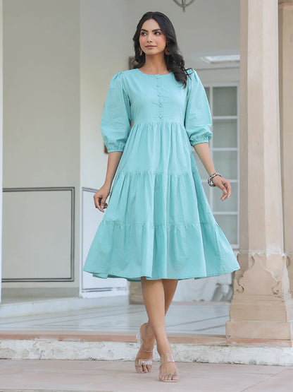 Blue Pure Cotton Solid Tiered Midi Dress with 3/4 Puff Sleeves – Women’s Casual Wear