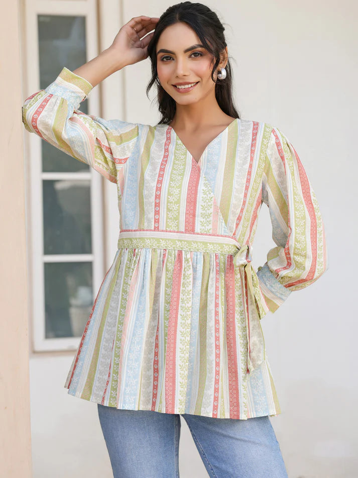 Off White Pure Cotton Floral Stripe Printed Peplum Top with Belt – Women’s Casual Wear