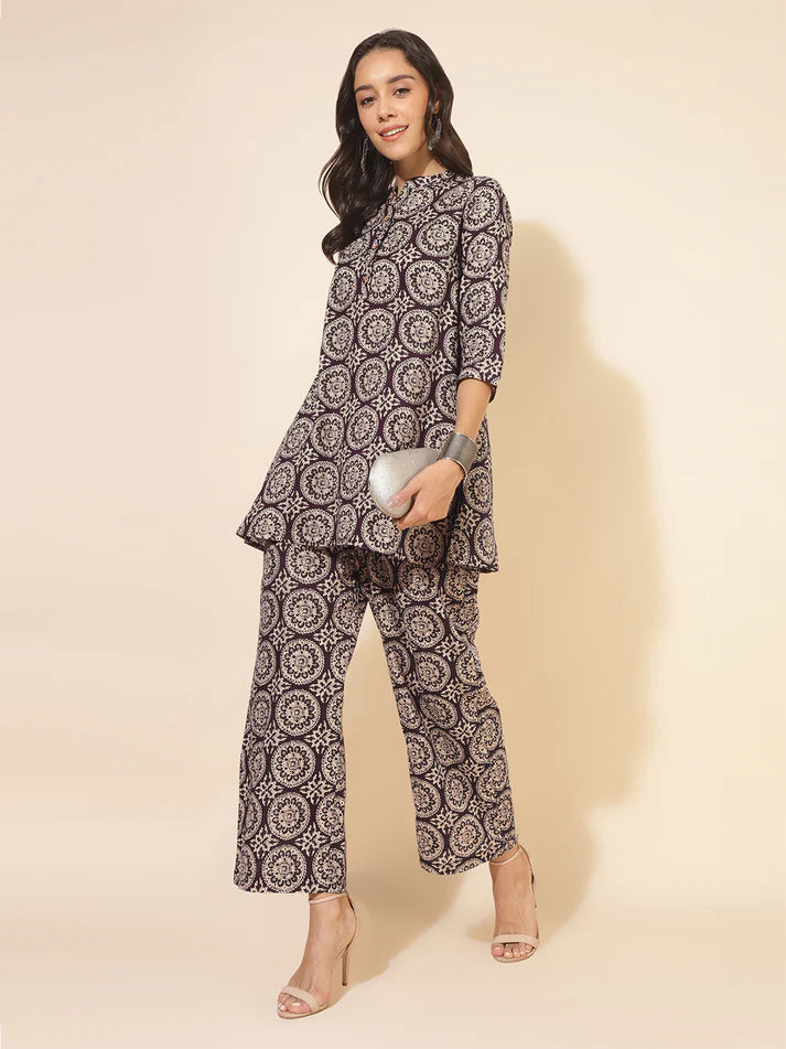 Wine Cotton A-Line Co-ord Set for Women with Ethnic Motif Print and Straight Pants