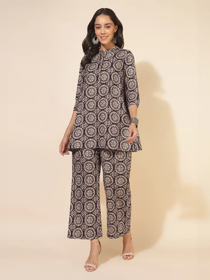 Wine Cotton A-Line Co-ord Set for Women with Ethnic Motif Print and Straight Pants