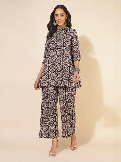 Wine Cotton A-Line Co-ord Set for Women with Ethnic Motif Print and Straight Pants
