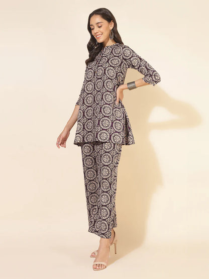 Wine Cotton A-Line Co-ord Set for Women with Ethnic Motif Print and Straight Pants
