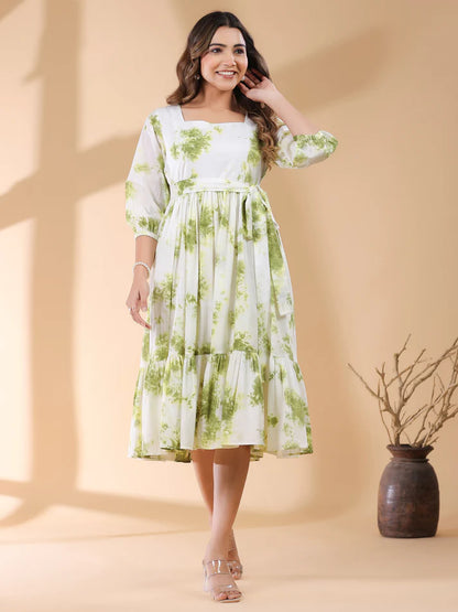 White and Green Pure Cotton Tie-Dye Tiered Midi Dress – Women’s 3/4 Sleeve Casual Wear