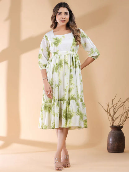 White and Green Pure Cotton Tie-Dye Tiered Midi Dress – Women’s 3/4 Sleeve Casual Wear