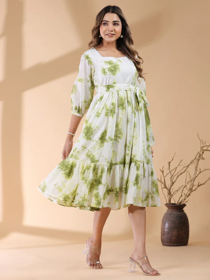 White and Green Pure Cotton Tie-Dye Tiered Midi Dress – Women’s 3/4 Sleeve Casual Wear