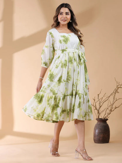 White and Green Pure Cotton Tie-Dye Tiered Midi Dress – Women’s 3/4 Sleeve Casual Wear