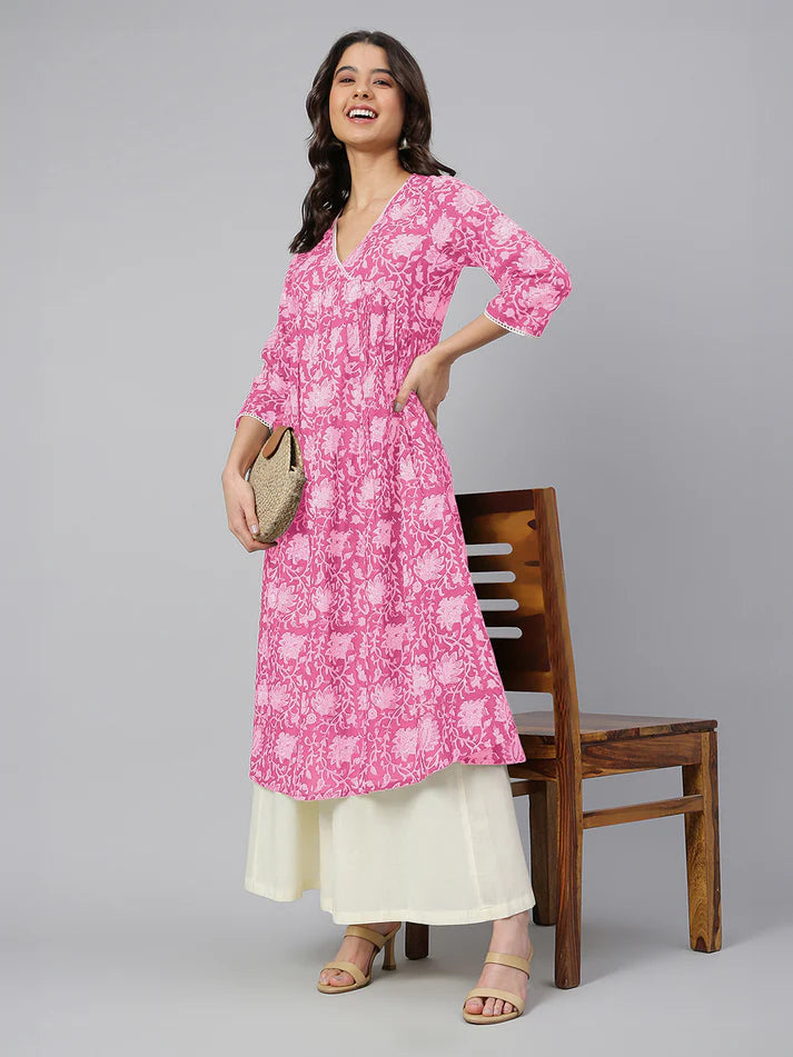 Pink Pure Cotton Floral Printed Flared Kurta for Women with V-Neck and 3/4th Sleeves