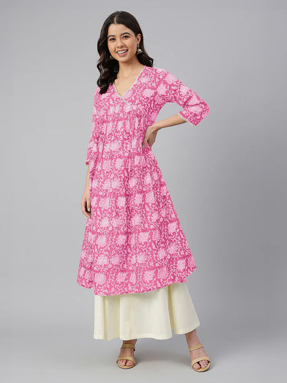 Pink Pure Cotton Floral Printed Flared Kurta for Women with V-Neck and 3/4th Sleeves