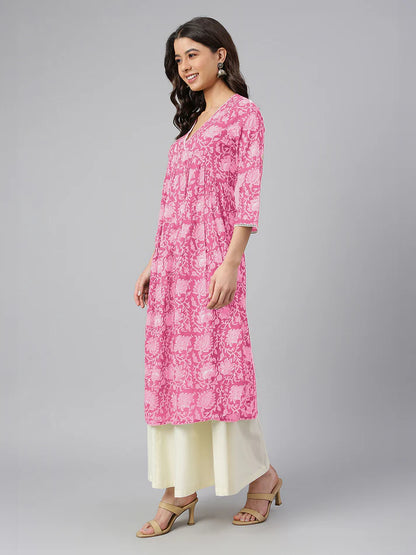 Pink Pure Cotton Floral Printed Flared Kurta for Women with V-Neck and 3/4th Sleeves