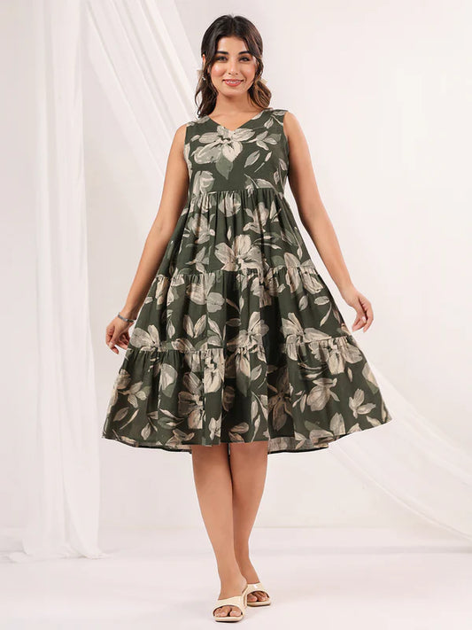 Olive Green Linen Cotton Floral Printed Tiered Midi Dress – Women’s Sleeveless Casual Wear