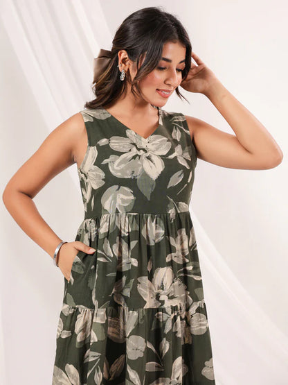 Olive Green Linen Cotton Floral Printed Tiered Midi Dress – Women’s Sleeveless Casual Wear