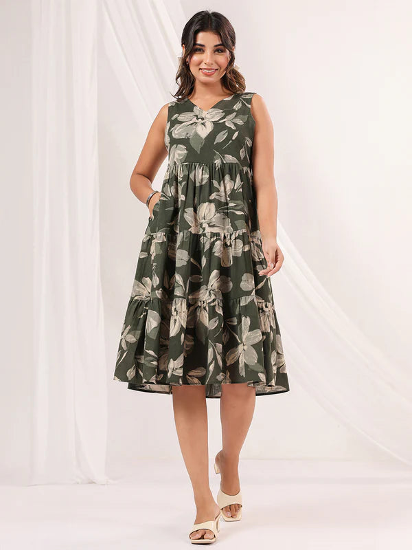 Olive Green Linen Cotton Floral Printed Tiered Midi Dress – Women’s Sleeveless Casual Wear