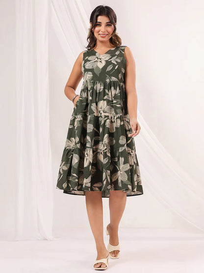 Olive Green Linen Cotton Floral Printed Tiered Midi Dress – Women’s Sleeveless Casual Wear