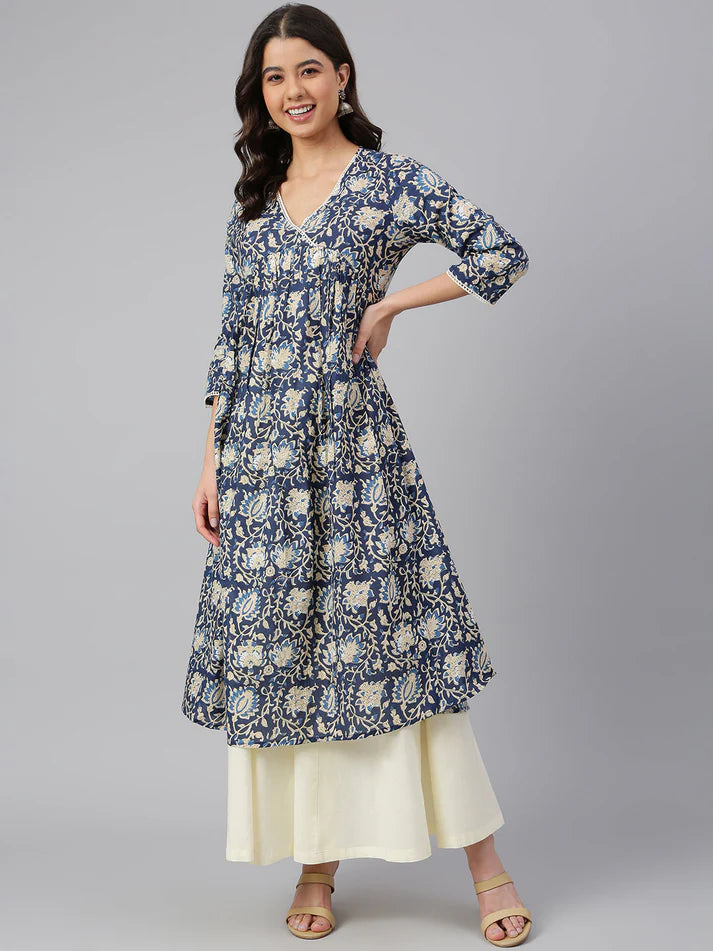 Navy Blue Pure Cotton Floral Printed Flared Kurta for Women with V-Neck – M to 2XL