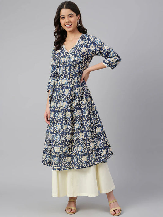 Navy Blue Pure Cotton Floral Printed Flared Kurta for Women with V-Neck – M to 2XL