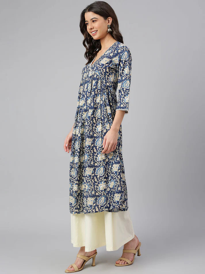 Navy Blue Pure Cotton Floral Printed Flared Kurta for Women with V-Neck – M to 2XL