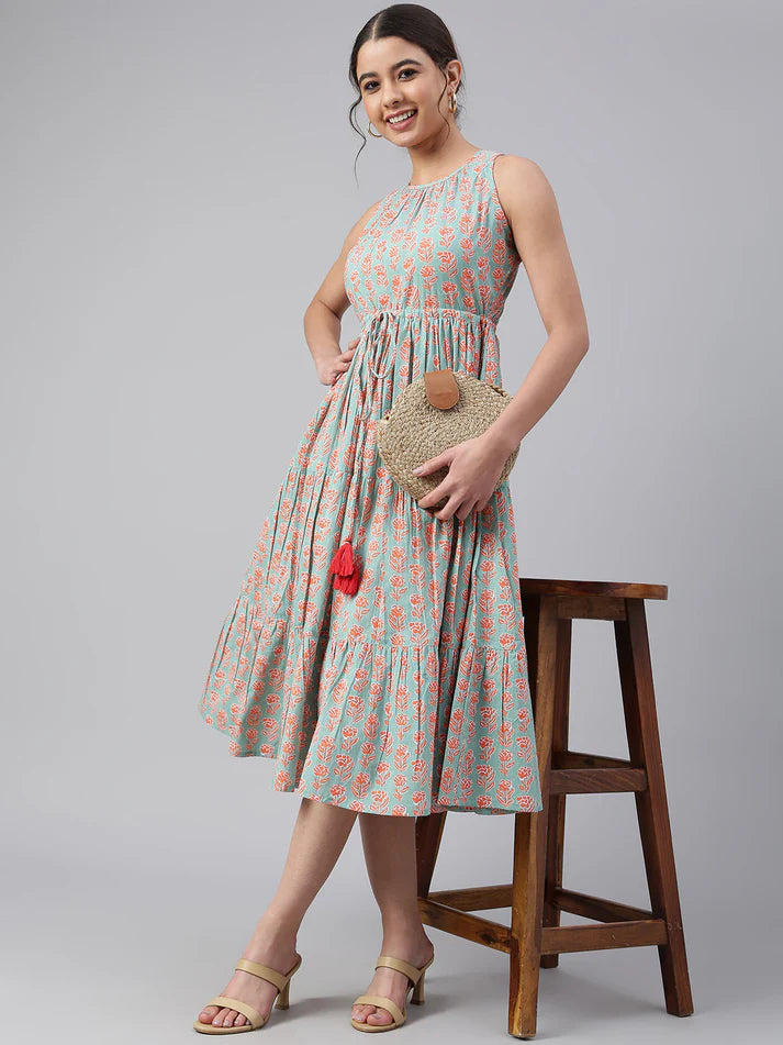 Mint Green Cotton Floral Block Print Tiered Midi Dress – Women’s Sleeveless Casual Wear