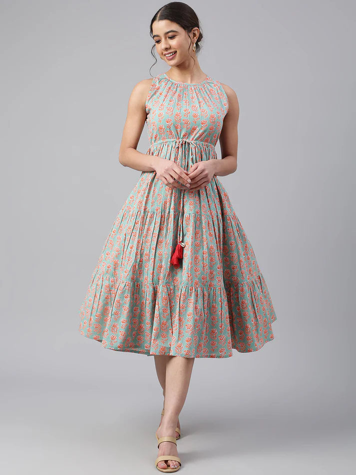 Mint Green Cotton Floral Block Print Tiered Midi Dress – Women’s Sleeveless Casual Wear