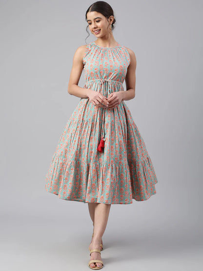Mint Green Cotton Floral Block Print Tiered Midi Dress – Women’s Sleeveless Casual Wear
