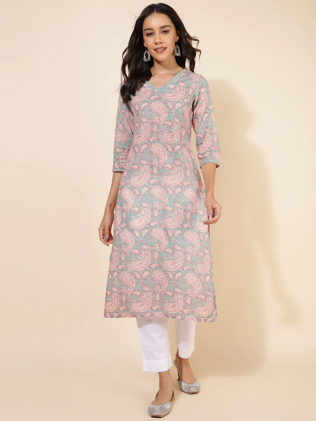 Pastel Cotton Printed Straight Kurti for Women with V-Neck – Size 2XL