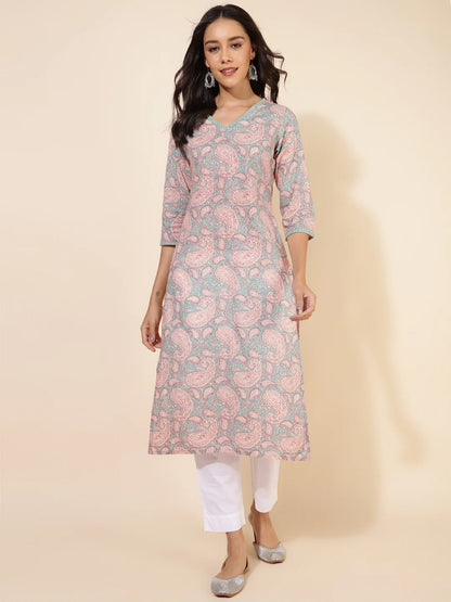 Pastel Cotton Printed Straight Kurti for Women with V-Neck – Size 2XL