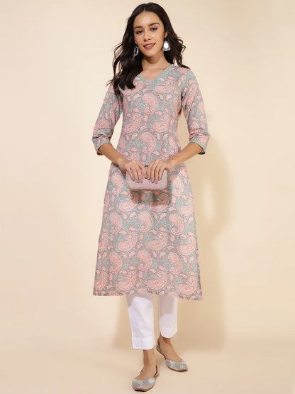 Pastel Cotton Printed Straight Kurti for Women with V-Neck – Size 2XL