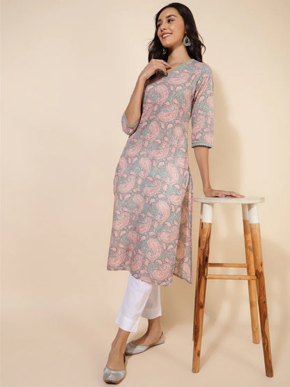 Pastel Cotton Printed Straight Kurti for Women with V-Neck – Size 2XL