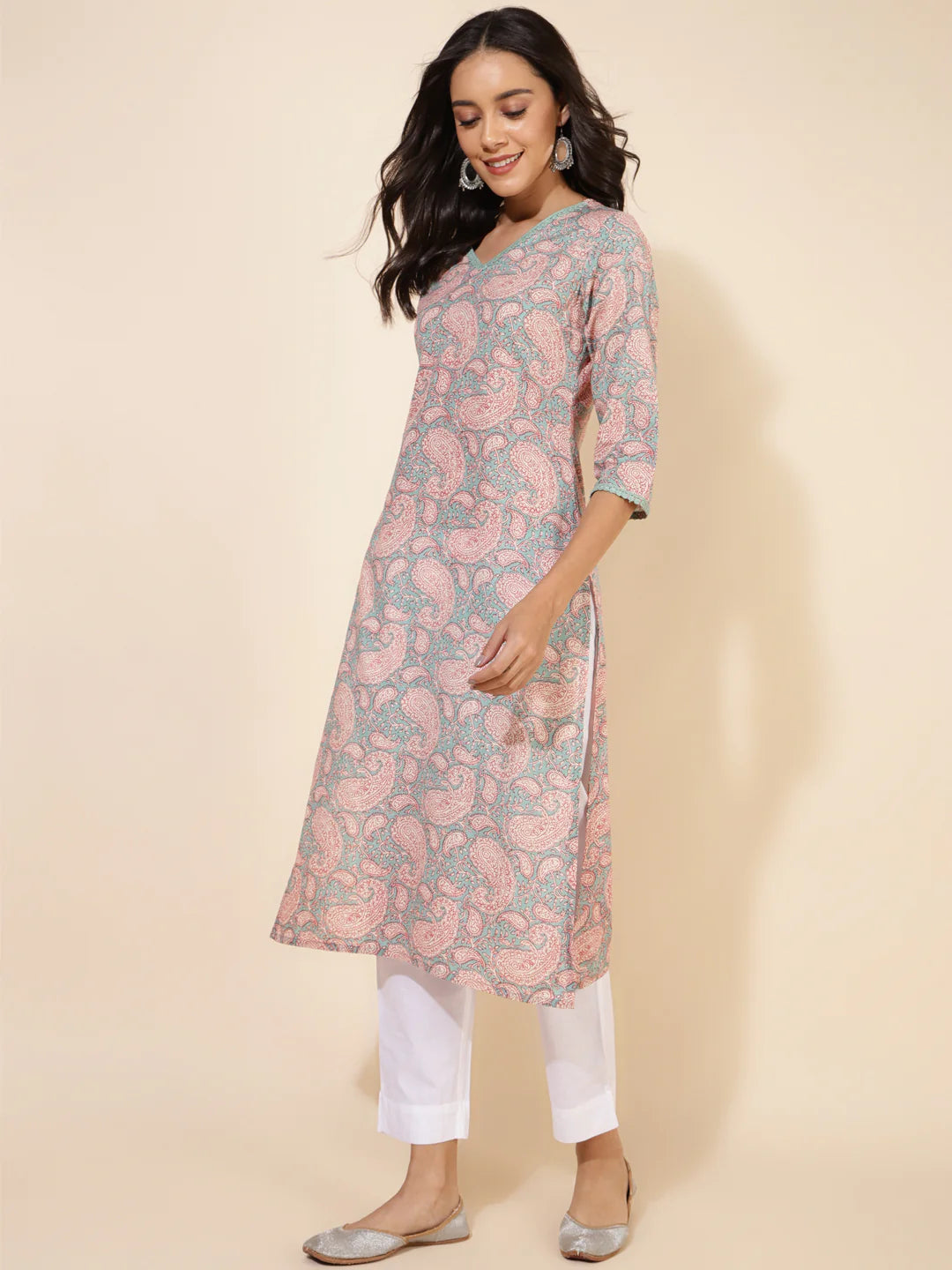 Pastel Cotton Printed Straight Kurti for Women with V-Neck – Size 2XL