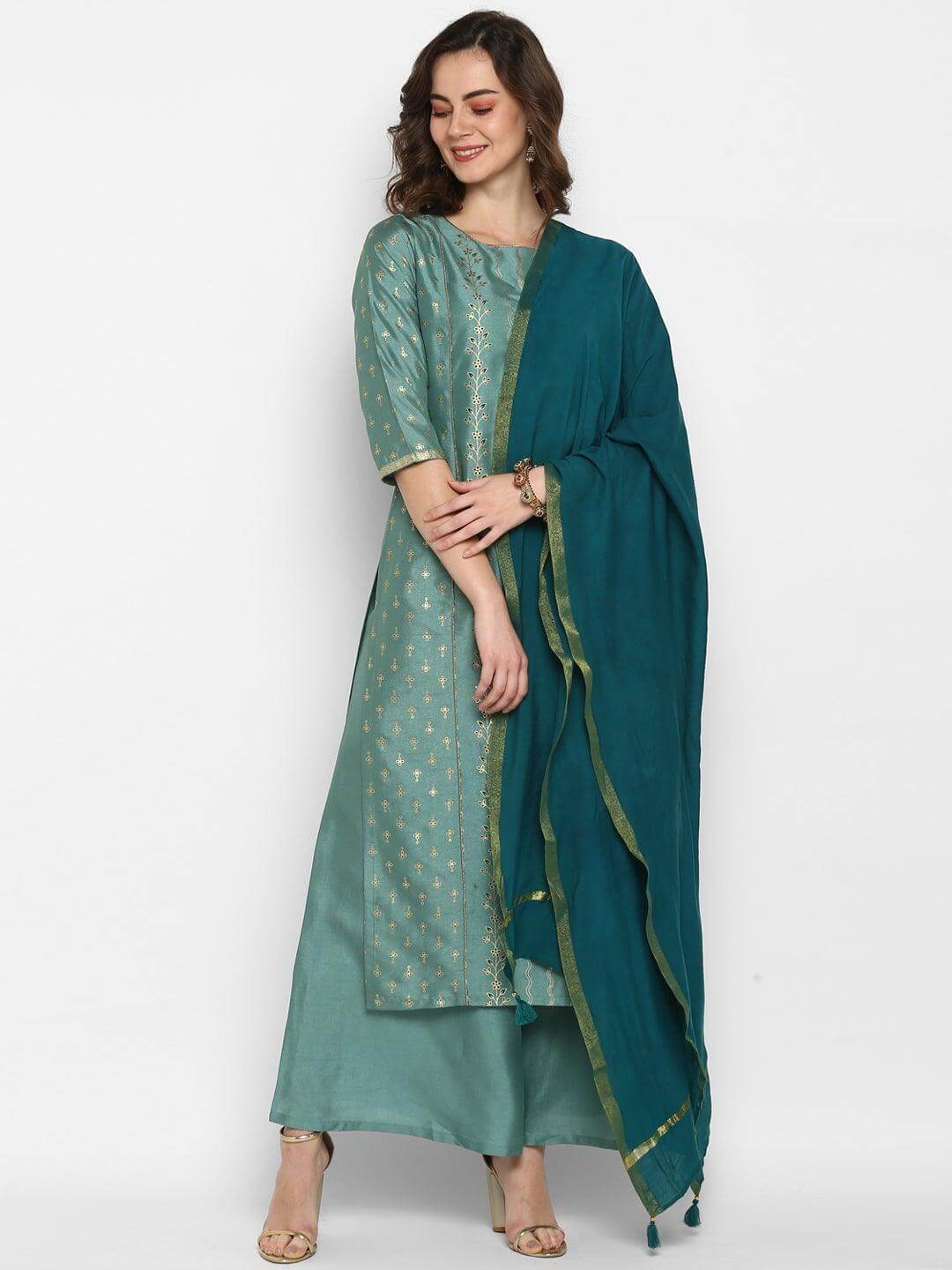 Light Green Poly Silk Foil Print Kurta Palazzo Dupatta Set with Gota Patti Detailing for Women